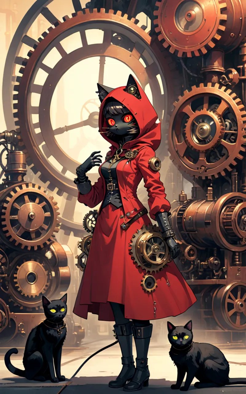 {Illustration} of a steampunk-themed scene featuring a red-hooded figure with intricate mechanical gadgets and gears, accompanied by a sleek black cat with glowing mechanical eyes, set against a backdrop of industrial machinery and vintage clockwork. The figure carries a sense of adventure and mystery, while the cat exudes an air of intelligence and companionship, all within the captivating steampunk aesthetic