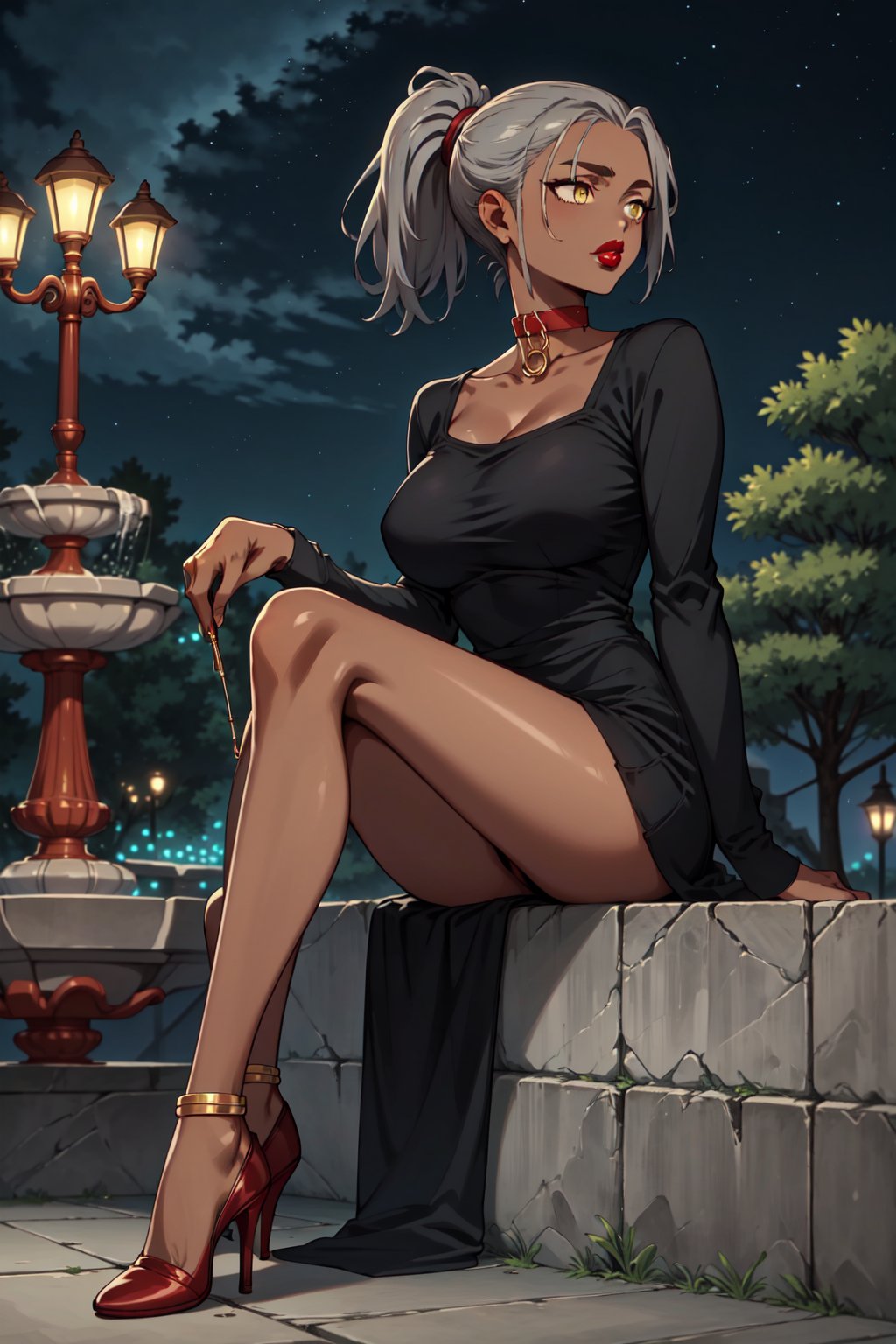 (masterpiece, best quality:1.2), dis, 1girl, ponytail, gray hair, brown eyebrows,dark skin, yellow eyes,big lips, red lipstick, big breasts, skinny, <lora:dis:1>park, tree, night, night sky, lamppost, sitting, fountain,  earrings, jewelry, nervous, choker, high heels, 