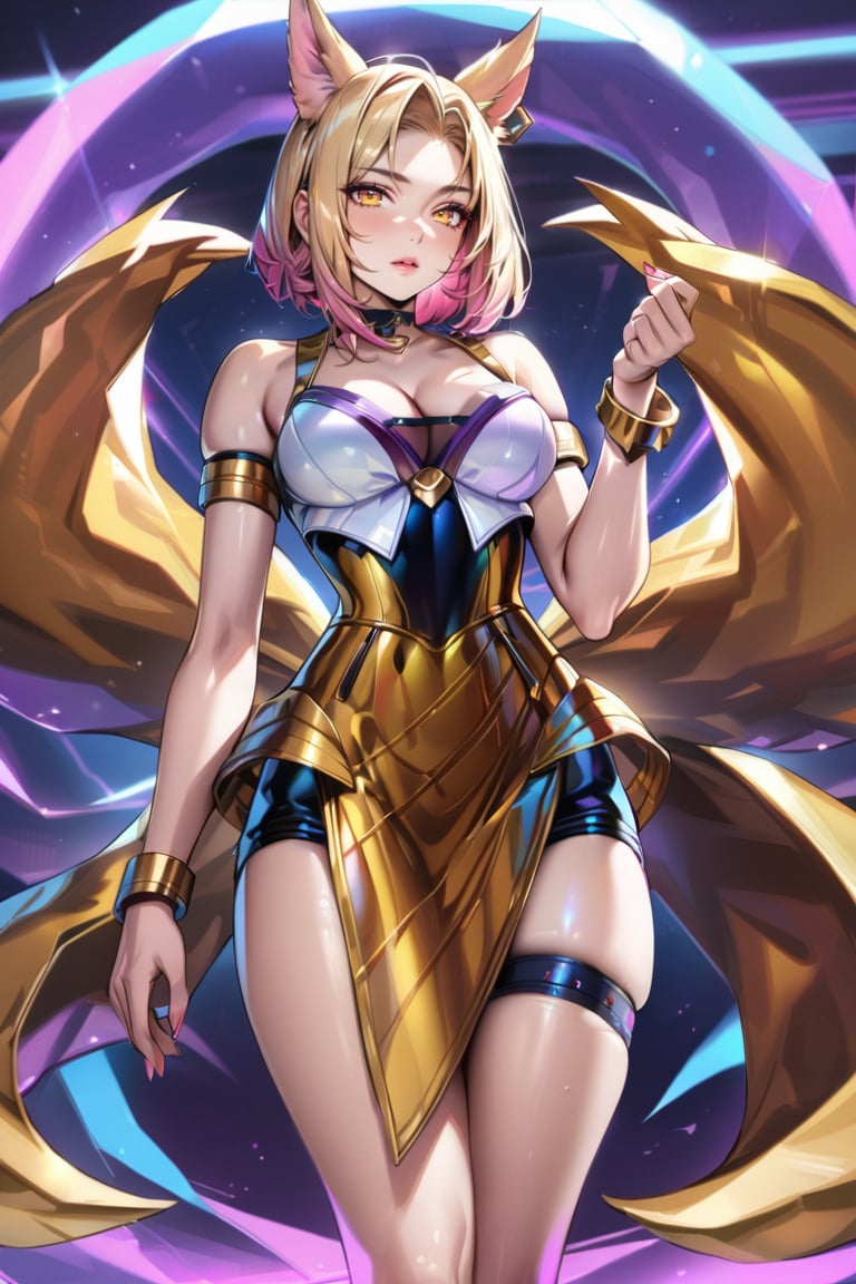 (Masterpiece), mature, HDR,UHD,8K, best quality, Highly detailed, physically-based rendering, extreme detail description, perfect skin, shiny skin, shiny hair,perfect face, 1girl, kda2, blonde hair, yellow eyes, thighighs, facial mark, animal ears, tail, choker, bare shoulders, arm straps, short hair, bracelet, jewelery, choker, multiple tails, idol, cleavage, fox ears, earrings, thighs, magenta tail, golden dress, dress,Ahri, golden tail<lora:EMS-335737-EMS:0.600000>, <lora:EMS-388761-EMS:0.100000>, <lora:EMS-418641-EMS:0.800000>