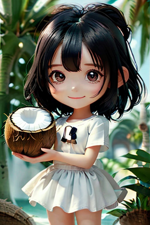 1girl,big eyes,smiling,black hair,chibi,white shirt,sky blue dress,coconut,coconut in her hand,ray tracing,chibigirl,simple background,, (best quality), ((masterpiece)), (an extremely delicate and beautiful), original, extremely detailed wallpaper