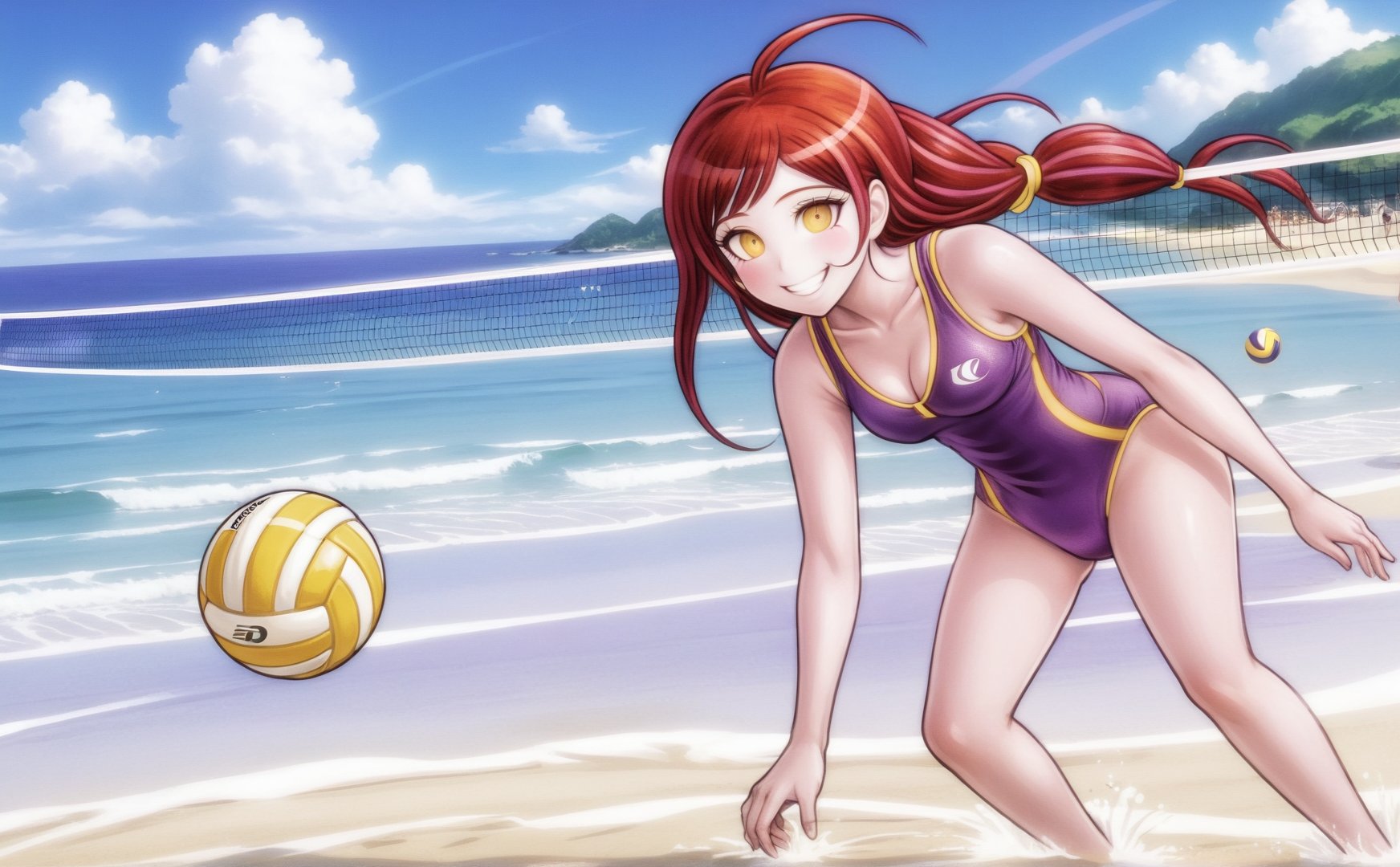 a smiling girl with yellow eyes and red hair in a purple swimsuit playing volleyball at the beach, komatsuzaki rui style, hair reflection, thick lines, texture <lora:danganronpa_style:0.8>