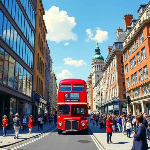 Create an image of a bustling urban landscape in the style of David Hockney. The scene should feature a busy street with a red double-decker bus as the focal point. Surrounding the bus, depict a mix of modern and traditional buildings with large glass windows reflecting the sky. The street is filled with pedestrians, some in motion and others standing still, creating a dynamic and lively atmosphere. Use bold colors and exaggerated perspectives to emphasize the vibrancy of city life.