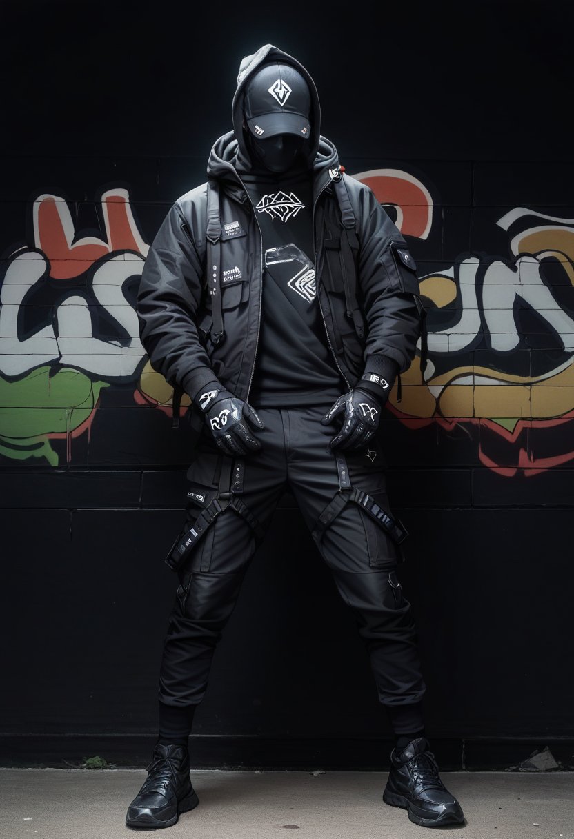 (score_9, score_8_up), score_7_up, zPDXL, solo, gloves, long sleeves, 1boy, standing, jacket, male focus, black gloves, pants, hood, black footwear, black jacket, glowing, black pants, helmet, graffiti, black background, simple background, <lora:dark_techwear-000016:0.9>