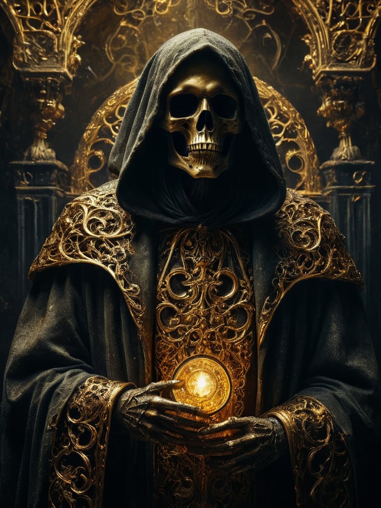 award winning studio photo of the grim reaper, golden filigree, low key, high contrast, glow,limitless details, insane detailed, masterpiece, award winning artwork<lora:MysticVision_XL_fp16:1>