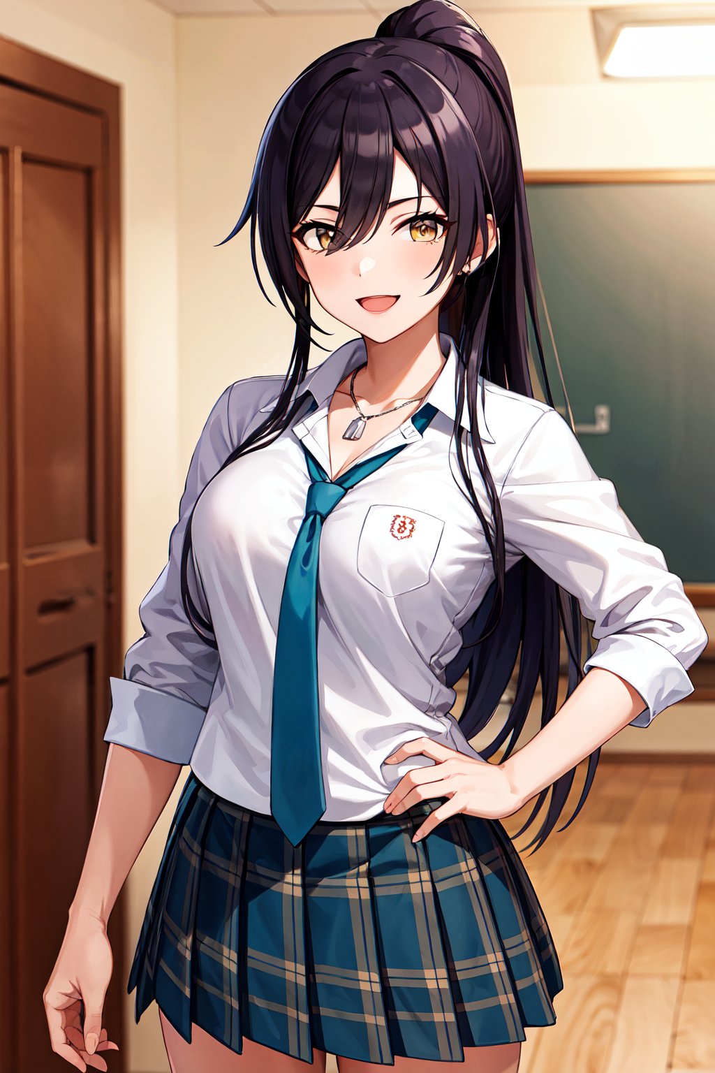 masterpiece, best quality, highres, aasakuya, long hair, high ponytail, breasts, collarbone, necklace, school uniform, green necktie, collared shirt, white shirt, sleeves rolled up, pleated skirt, plaid skirt, <lora:shirase_sakuya_v1:0.7>, smile, hand on hip, open mouth, indoors