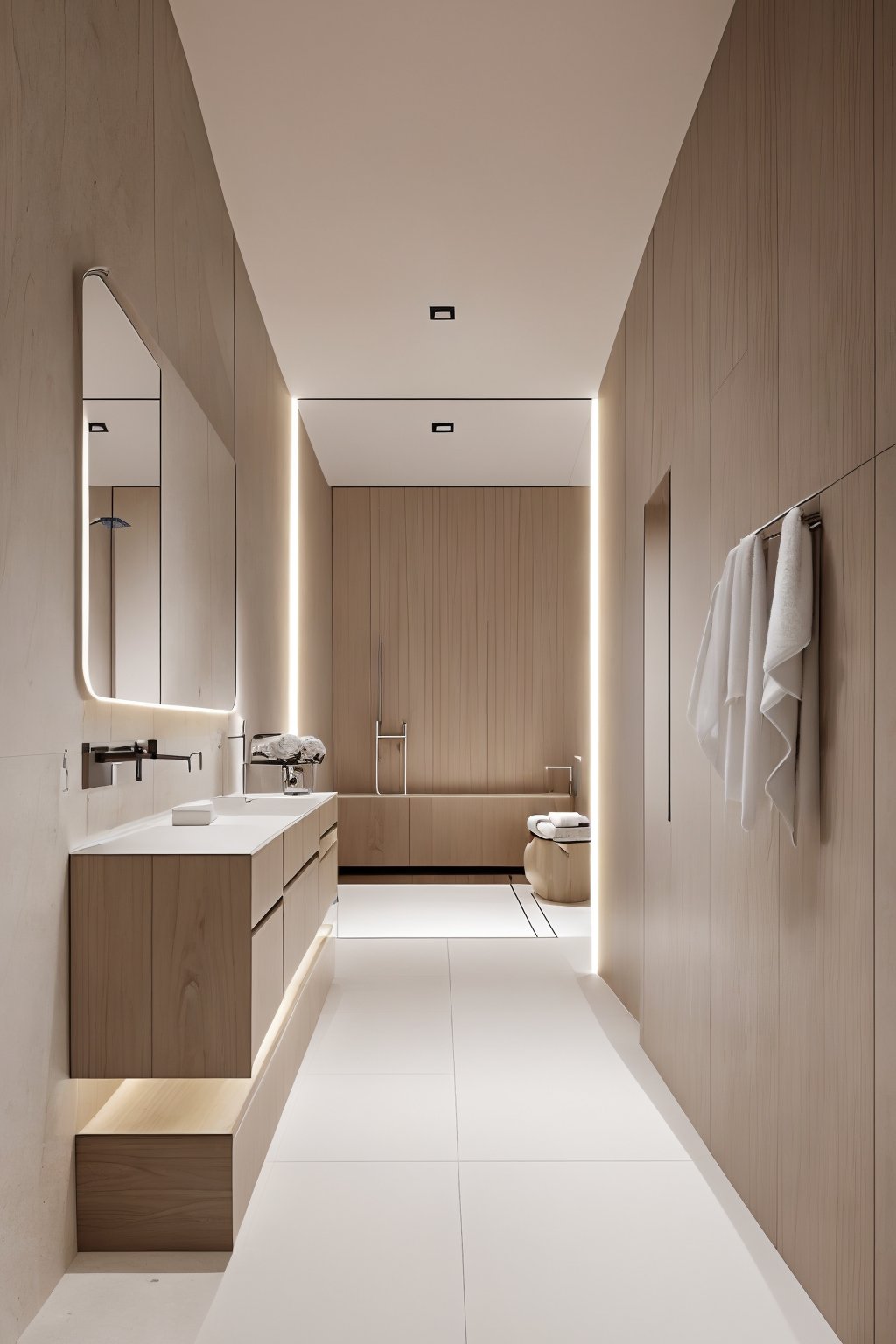 <lora:卫生间0.1:0.7>,interior design,bathroom,no humans,sink,indoors,scenery,tiles,towel,mirrors,wood grain,bathtub,white tile wall,light bar,white tile,