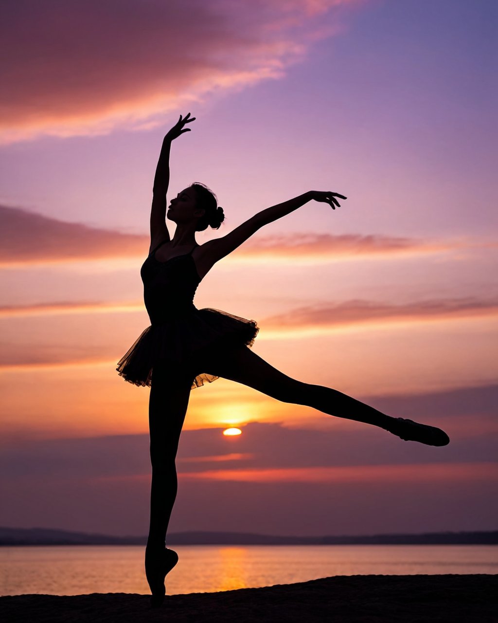 a girl,realistic photography,A ballerina,captured in mid-leap against the backdrop of a vibrant sunset. Her silhouette,framed by the glowing sun,creates a stunning contrast. She's positioned against the lower third of the frame,lending the image a sense of balance and dynamism,