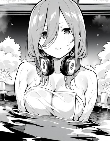 score_9, score_8_up, score_7_up, source_anime,mikunakano, <lora:miku-nakano-manga-ponyxl-lora-nochekaiser:1>,miku nakano, long hair, bangs, shirt, hair between eyes, headphones, cardigan, headphones around neck, monochrome, greyscale,nude, naked, outdoors, onsen, towel, naked towel, steam, bathing, nude cover, partially submerged, water, bath, steam censor, wet towel,looking at viewer, cowboy shot, dutch angle, solo, mature female,