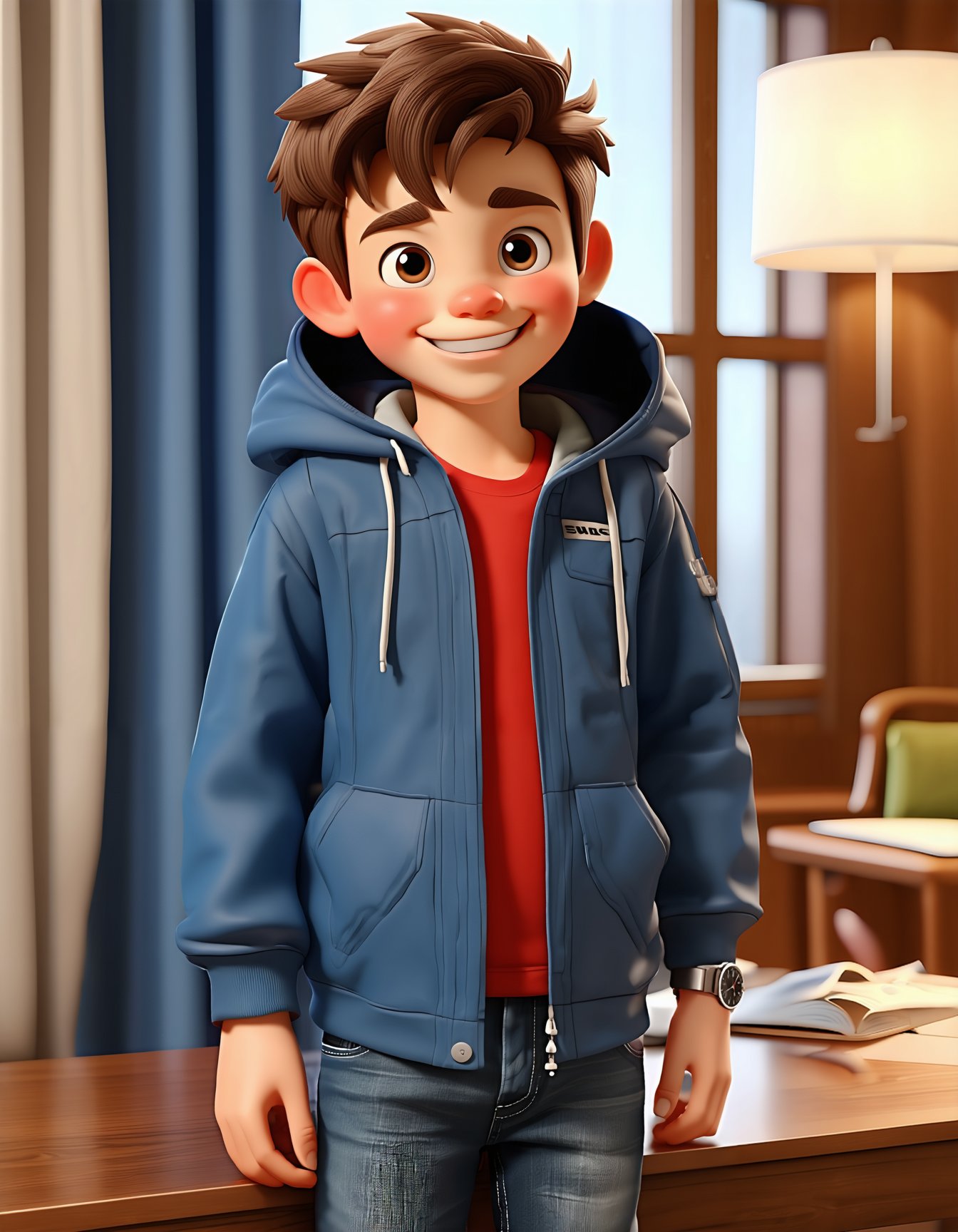 3D cartoon, cartoon style, 3D render, looking at viewer, smile, shirt, brown hair, 1boy, brown eyes, jacket, male focus, pants, indoors, hood, window, hoodie, blue jacket, denim, curtains, red shirt, child, watch, wristwatch, lamp, SD3_cartoon_ep10.safetensors