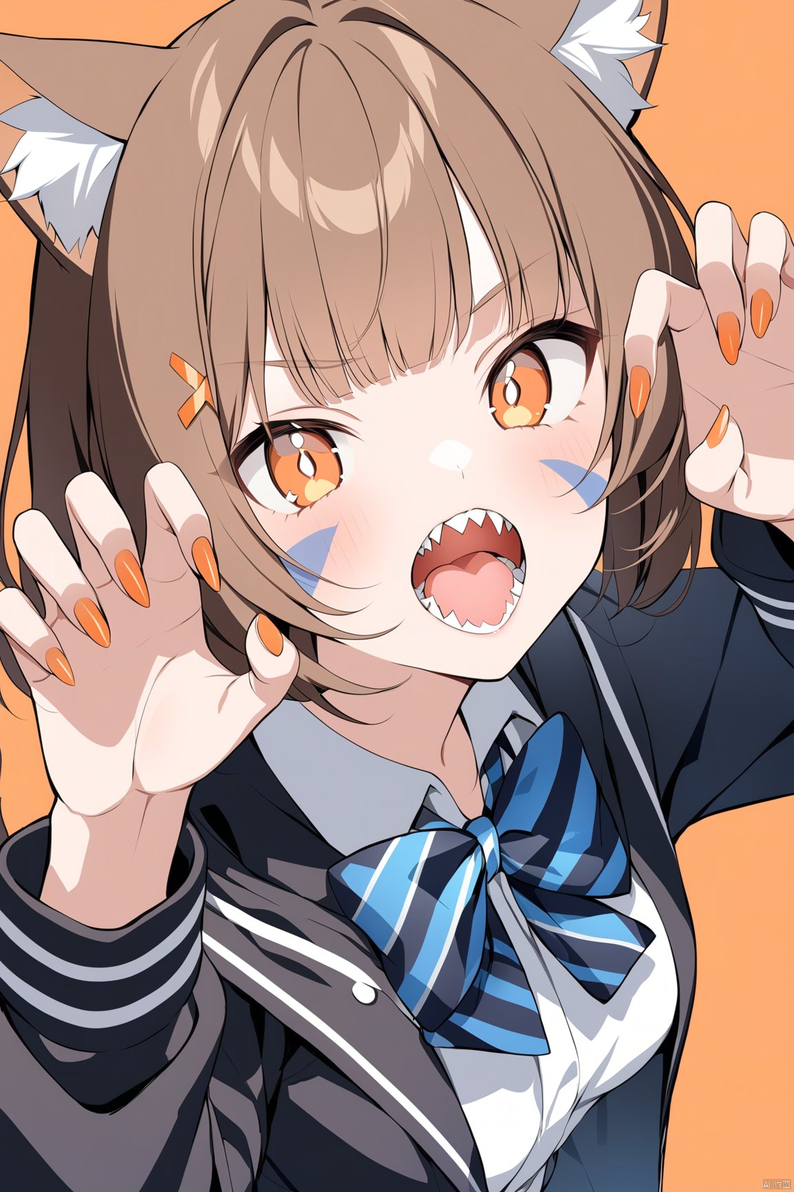 masterpiece, best quality,1girl, solo, animal ears, bow, teeth, jacket, tail, open mouth, brown hair, orange background, bowtie, orange nails, simple background, cat ears, orange eyes, blue bow, animal ear fluff, cat tail, looking at viewer, upper body, shirt, school uniform, hood, striped bow, striped, white shirt, black jacket, blue bowtie, fingernails, long sleeves, cat girl, bangs, fangs, collared shirt, striped bowtie, short hair, tongue, hoodie, sharp teeth, facial mark, claw pose