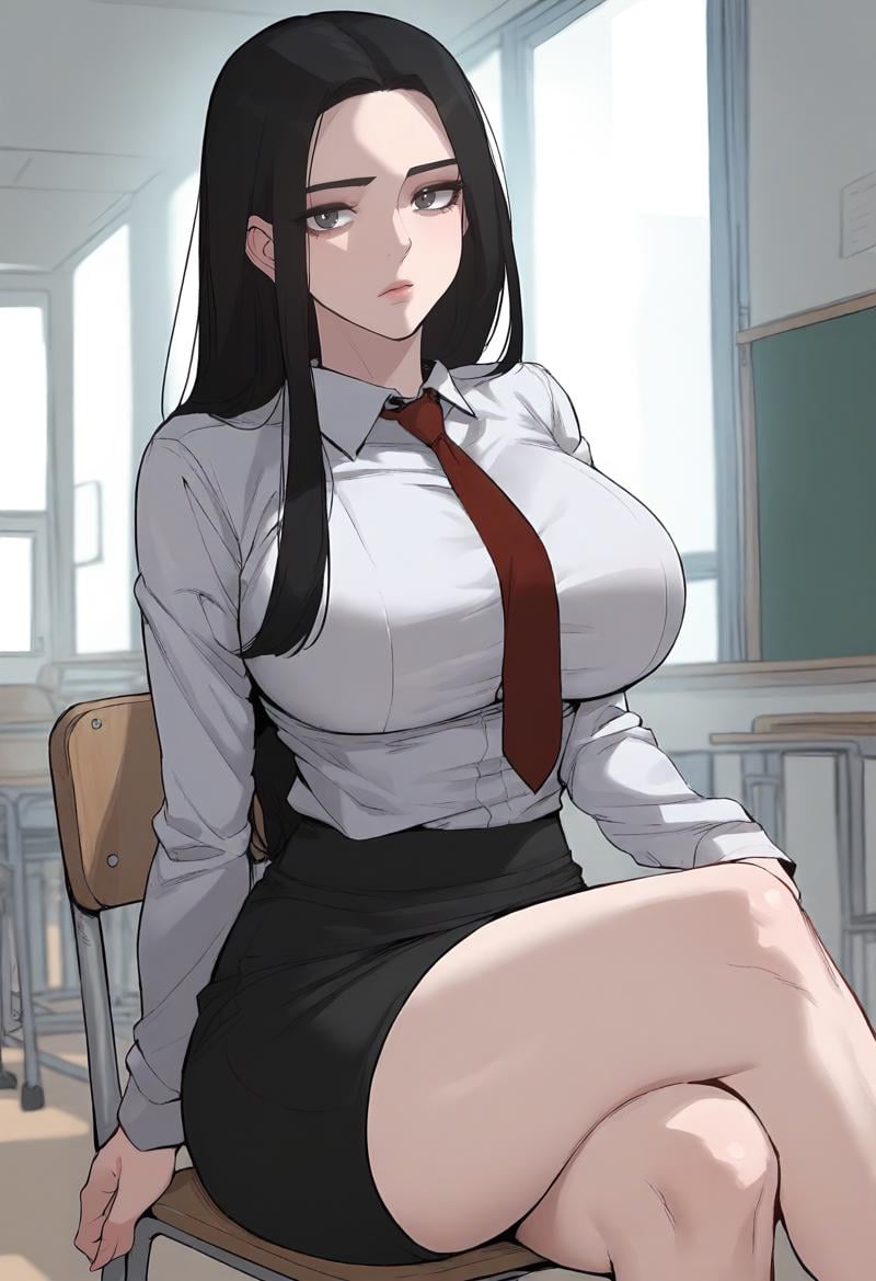 score_9, score_8_up, score_7_up, score_6_up, source_anime, rating_explicit, 1girl, (solo:1.1), huge breasts,<lora:Baek Suzy prefectPonyxl:0.85> black hair, long hair, grey eyes, black eyes, white shirt, red necktie, collared shirt, long sleeves, miniskirt, black skirt, pencil skirt, expressionless, classroom, indoors, looking at viewer, on chair, sitting, crossed legs, close-up