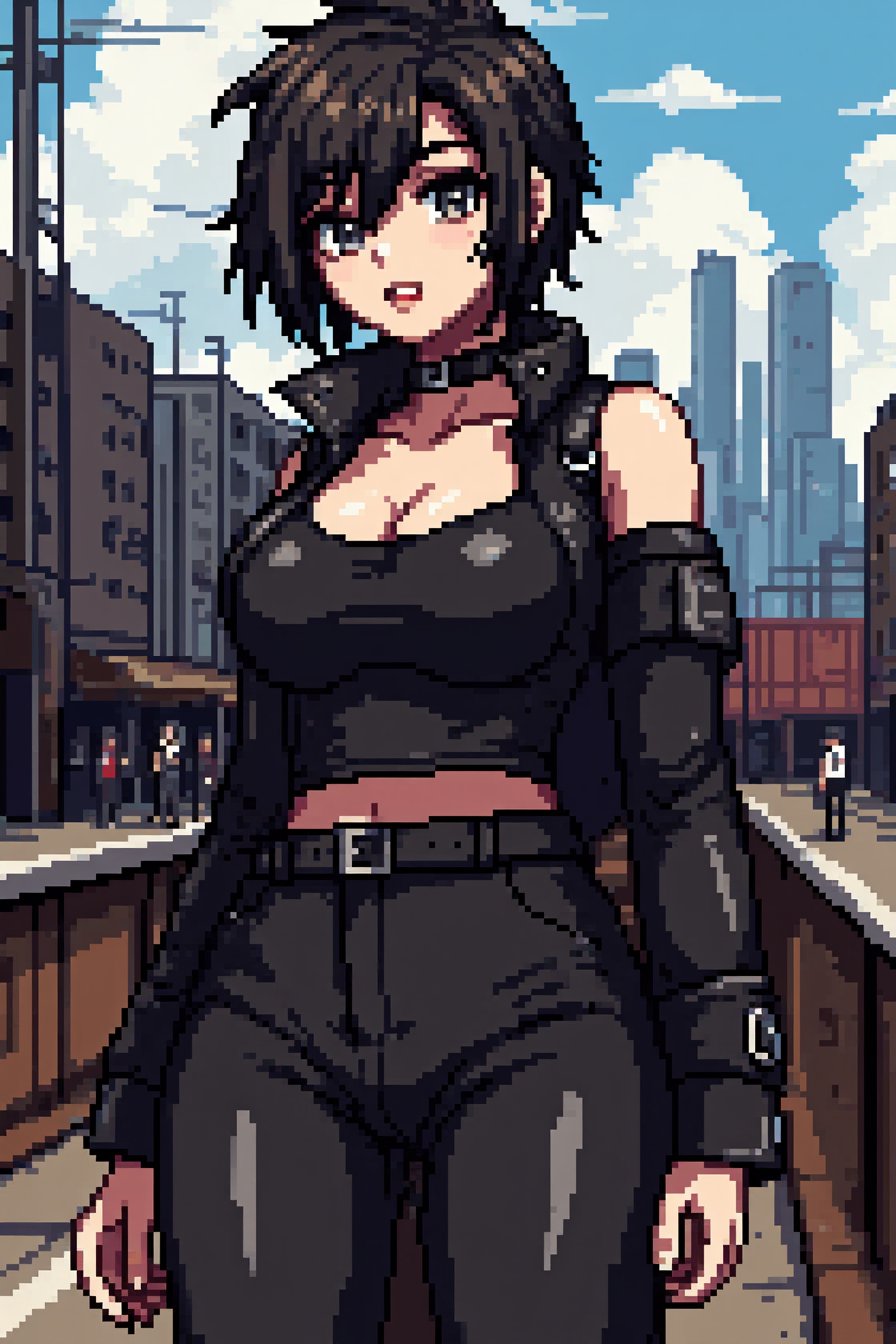 <lora:Aziib_Pixel_Style:1> style of aziib_pixel, High Fashion,  pixel art portrait of a slim, small breast, flat chest, abs, young asian female supermodel, with short messy black hair, Studded leather jacket, midriff, Overalls, Walking arm-in-arm with friend, in the background View from a bridge over a train yard. The model is positioned according to the rule of thirds, so that her face and upper body align with one of the key intersections of the rule of thirds. Bounce light, dynamic, dramatic, haute couture, elegant, ornate clothing, High Fashion