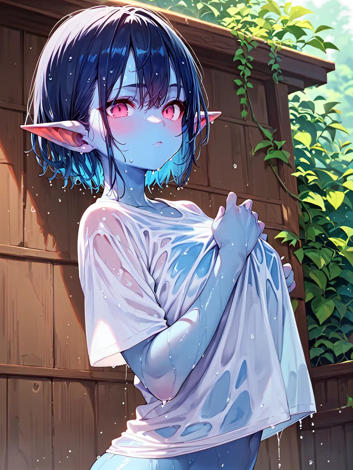 score_9, score_8_up, score_7_up, score_6_up, score_5_up, score_4_up, source_anime, 1girl, young, curvy chest, xxl shirt, goblin ears, dark and blue skin, dark blue hair, pink eyes, wet body