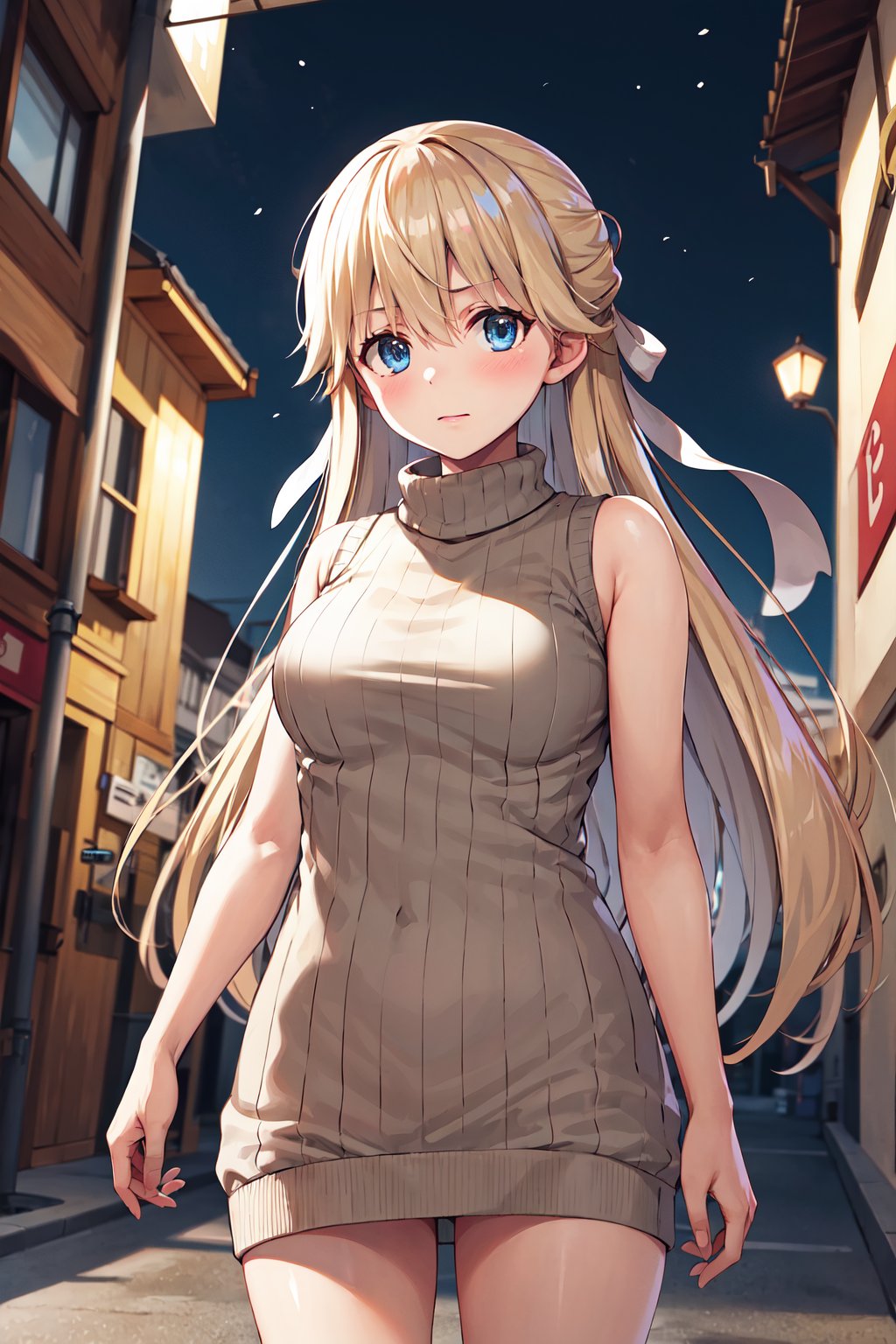 masterpiece, best quality, highres, 1girl, solo, long hair, blonde hair, hair ribbon, bangs, blue eyes, <lora:nanase_tsubasa_v1:0.7>, ribbed sweater, sweater dress, sleeveless, turtleneck, night, street, standing, cowboy shot, 