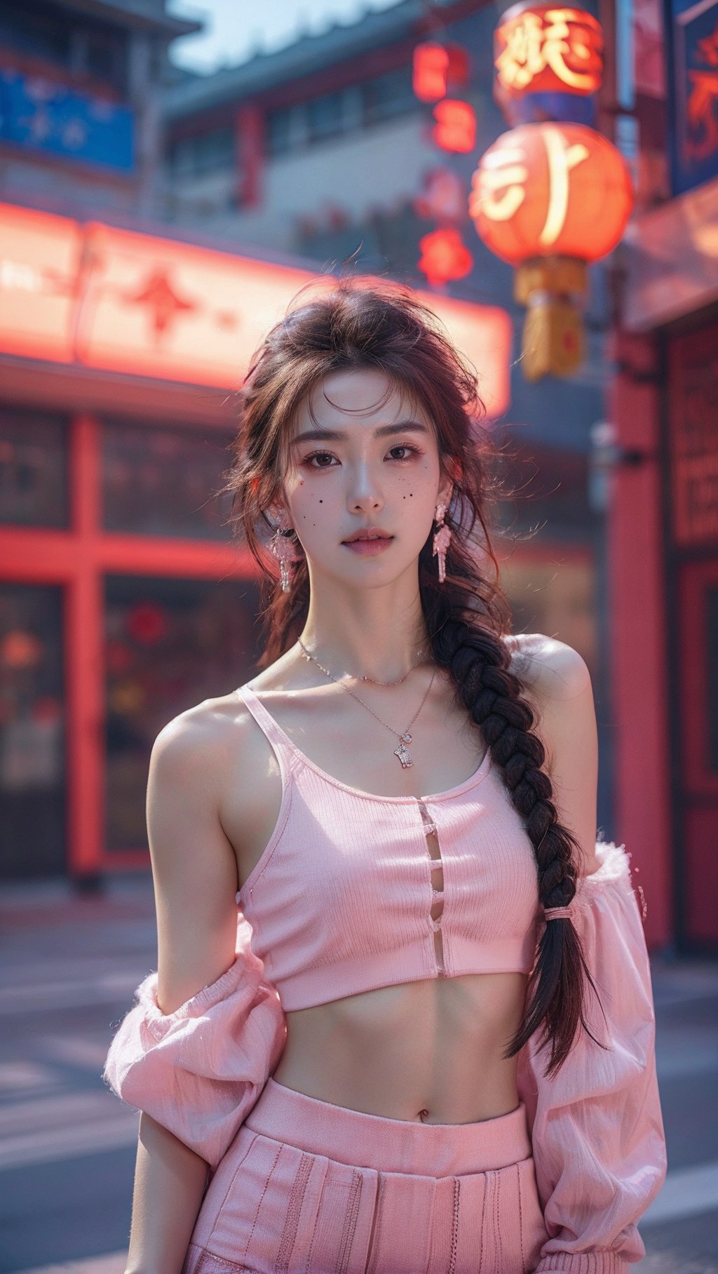 sdmai，fenfen, 1girl, jewelry, solo, necklace, pink skirt, brown hair, realistic, skirt, earrings, midriff, mole, crop top, looking at viewer, long hair, braid, blurry, mole under mouth, blurry background, parted lips <lora:SDMAI粉粉fenfen:0.7>