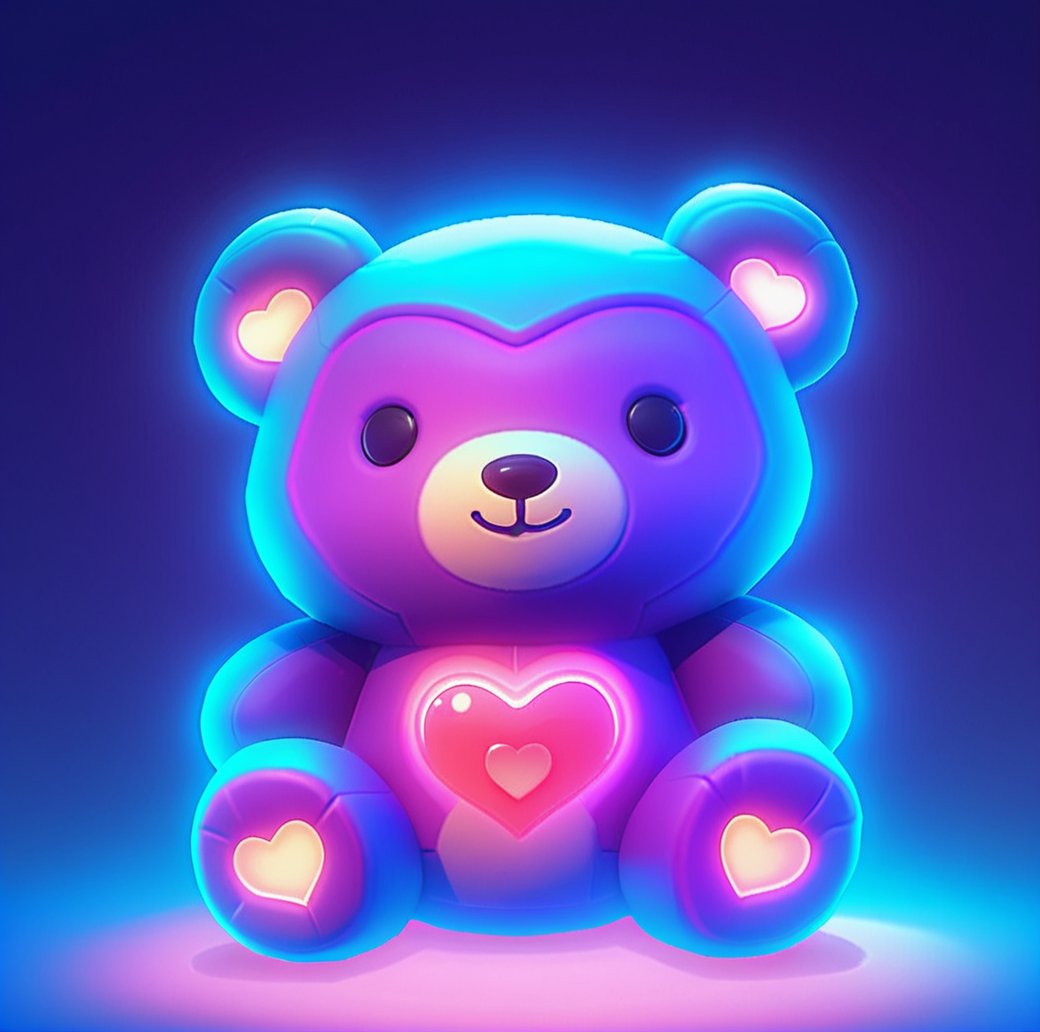 digital game illustration, teddy bear, glowing, neon colors, heart shapes, blue and purple hues, transparent effect, illuminated, digital art, cute style, soft edges, gradient background, glowing eyes, sitting position, stylized, love motif, centered composition, high-quality rendering, game asset ,<lora:游戏-000002:0.6>