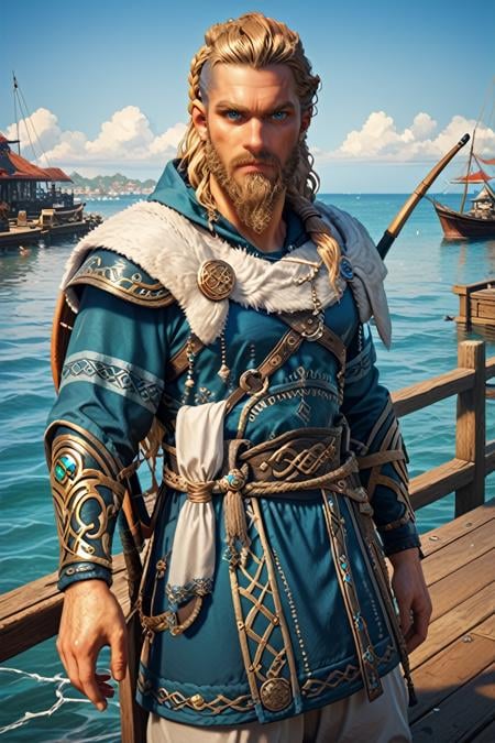 score_9, score_8_up, score_7_up, score_6_up<lora:ACMEivor:1.0>ACMEivor, 1boy, blonde hair, long hair, blue eyes, beard, looking at viewer, male model with a fishing net over his shoulder, standing on the pier, sun setting, calm sea, strong and determined expression