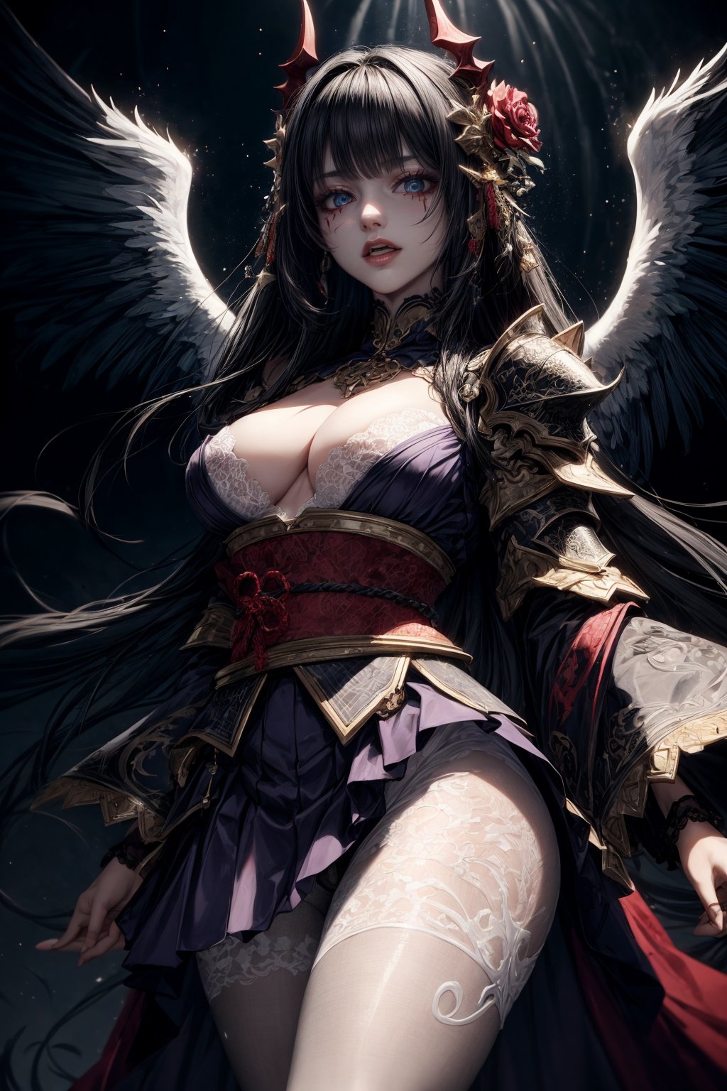 Masterpiece,  Top Quality,  High Resolution)),  8k,  Breach. Cruel,  cosmic fallen angel demon,  cruel,  evil,  detailed eyes:1.3,  Breach,  detailed face:1.3,  accessories,  (full body tribal tattoos),  ((super detailed armored kimono and white lace skirt)),  ((upskirt)),  ((cute pantyhose figure)),  detailed pantyhose figure,  D cup cleavage,  Breach,  creature Luminescent,  Creepy,  Re, .HELL SENT,  very bright colors,  light particles:1.2,  shining light,  Mshiff,  wallpaper art,  inorganic life form,  inorganic thing made of gold and red and white,  UHD wallpaper,  cowboy shot,  evil glow,  evil laugh,  Kiana Kasrana,  YAMATO,  rolopekka,  noelledef,  outfit-km,  purple dress,  yaemikodef,  monadef,  kamisatoyakadef,  alexia_olis,  arlecchino,  phlg,<lora:EMS-179-EMS:0.500000>,<lora:EMS-1093-EMS:0.200000>,<lora:EMS-63140-EMS:0.200000>