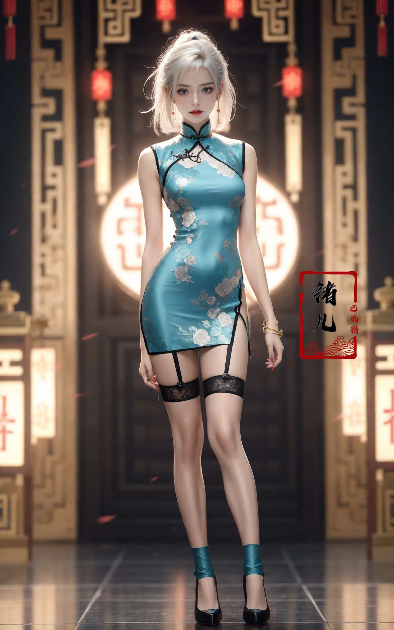 Black background,Fashion cheongsam，nail polish，lace trim，gradient，contrapposto，cyan long dress，lace，red lips， (full body:0.7), white thighhighs,white hair，crossed legs，<lora:Fashion cheongsam_20231207093219:0.7>