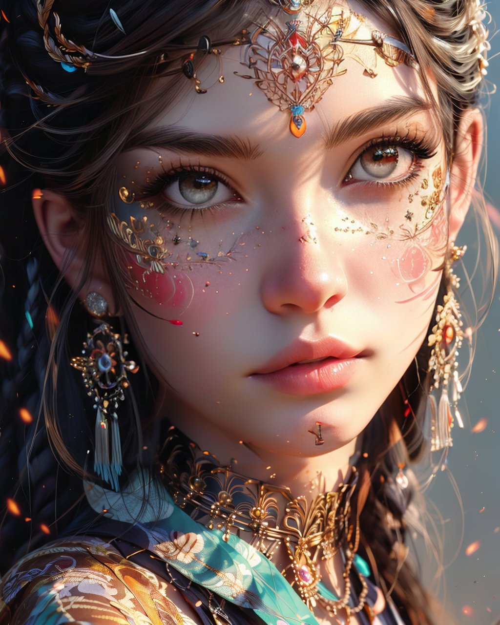 (masterpiece, realistic:1.5), 1girl,solo,long hair,looking at viewer,bangs,brown hair,black hair,hair ornament,brown eyes,jewelry,closed mouth,earrings,necklace,lips,grey eyes,eyelashes,tattoo,heterochromia,facial mark,gem,portrait,close-up,freckles,realistic,nose<lora:mjportrait_v1:0.7>