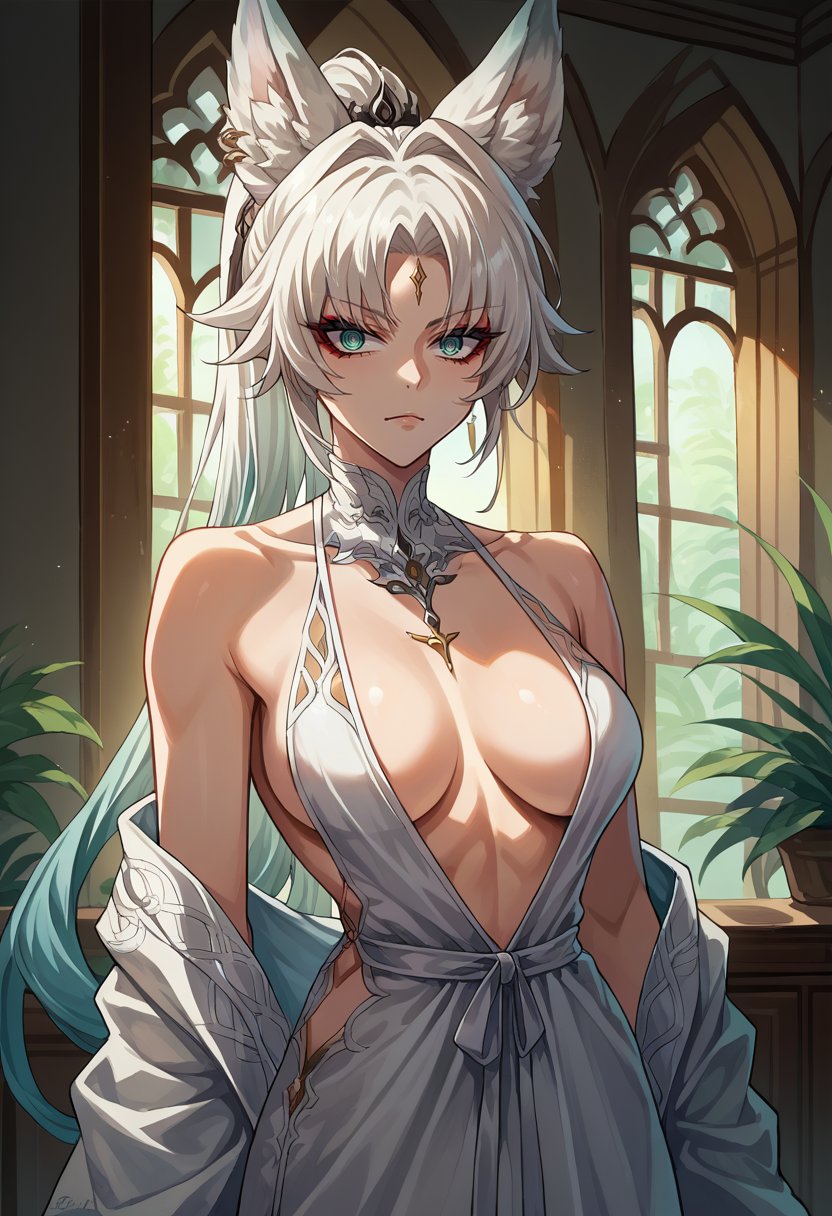 score_9, score_8_up, source_anime, 1girl, solo, FeiRND, animal ears, long hair, ponytail, multicolored hair, white hair, red eyeliner, ringed eyes, forehead mark, ear piercing, plunging neckline dress, lace robe, white dress, indoors, <lora:ChamFeixiaoV2.3PonyXL:1>