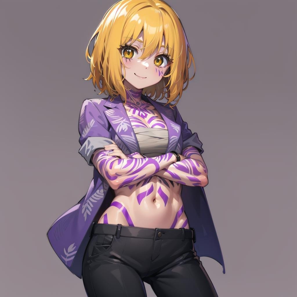 masterpiece, best quality, solid color background,  purple background,  1girl, arms crossed,  smile,  yellow eyes, blonde hair, short hair,medium breasts, tattoo, jacket,  black pants, open clothes, navel, muscles,  <lora:Middle_Don:1> 