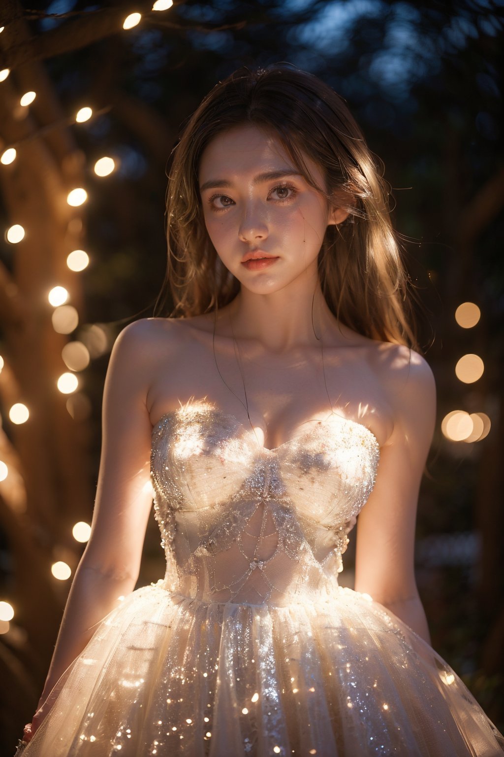 1girl,solo,dress,(long black hair:1.3),breasts,(glowing skirt:1.2),strapless,bare shoulders,arms at sides,night,blurry,realistic,strapless dress,brown eyes,white dress,lips,medium breasts,blurry background,outdoors,tree,cleavage,parted lips,collarbone,standing,<lora:FAGUANG_20240409203249>,