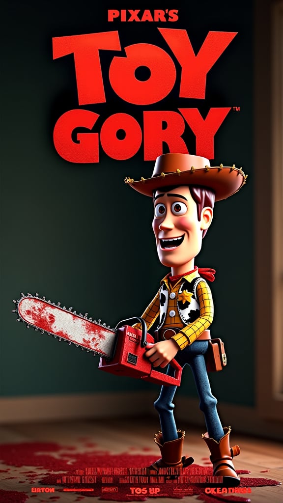 Movie title "Pixars TOY GORY" Blood style font.Theme: a photo of woody from the movie Toy Gory, Woody is holding a chainsaw with a crazy expression on his face.Poster includes the title and movie credits and information.