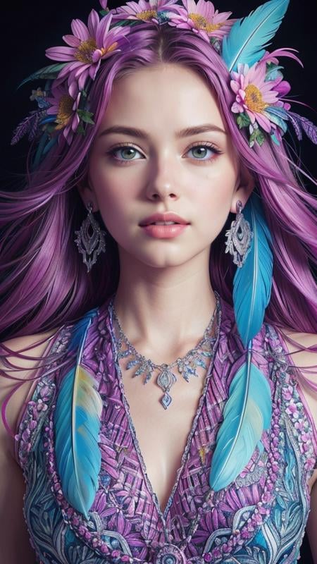 (perfect face, masterpiece, top quality, best quality, official art, beautiful and aesthetic:1.2), (1girl:1.3), extremely detailed,(fractal art:1.1),(colorful:1.1)(flowers:1.3),highest detailed,(zentangle:1.2), (dynamic pose), (abstract background:1.3), (many colors:1.4), (earrings), (feathers:1.5)