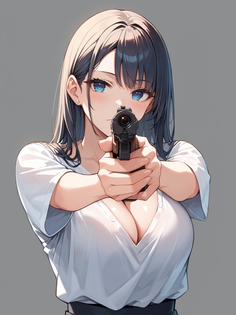 score_9, score_8_up, score_7_up,source_anime, high res image,masterpiece,best quality,woman,big breasts,cute face,clear skin,shiny hair,ultra detailed eyes,simple background, <lora:handgun_pony_V1.0:1> holding gun, handgun, aiming