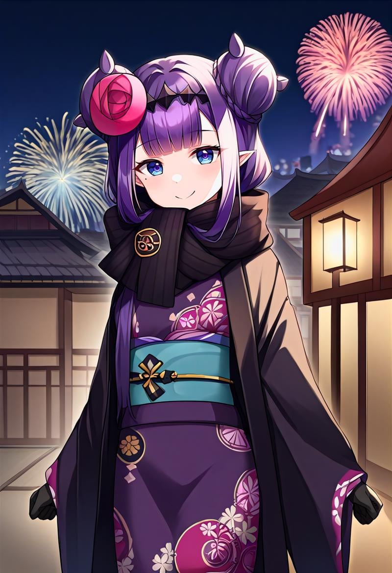 score_9, source_anime, 1girl, solo, cowboy shot, inanewyears, town, night, fireworks, purple kimono, floral print, obiage, double bun, hair flower, black cardigan, black scarf, black gloves, mole under eye, smile <lora:inaXL:1>