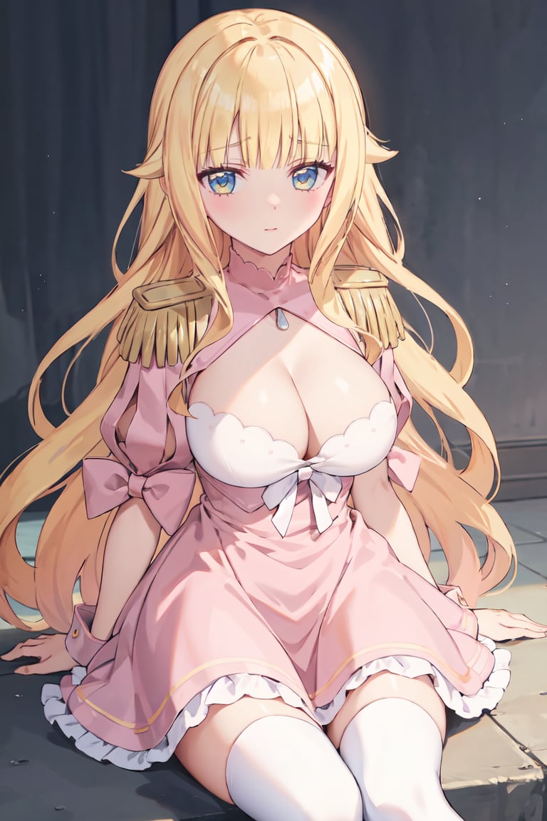 masterpiece, best quality, ultra-detailed, glistening shiny, glowing light, ray tracing, HDR, deph of field, (perfect face, detailed face),  <lora:Beelzebub_jou:0.7>, beelzebubjou, very long hair, hair flaps, large breasts, blonde hair, pink dress, frilled dress, epaulettes, cleavage cutout, puffy short sleeves, wrist cuffs, white thighhighs