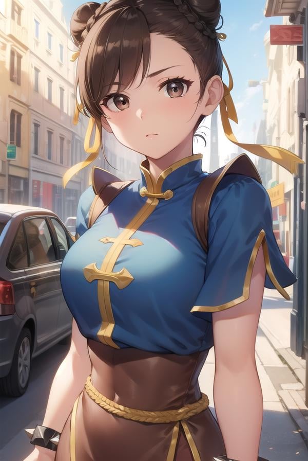 chunli, <lora:chun li v2-lora-nochekaiser:1>,chun li, (brown eyes:1.7), brown hair, (bun cover:1.5), double bun, eyeliner, hair bun, lipstick, makeup, pink lips,BREAK blue dress, boots, bracelet, brown pantyhose, china dress, chinese clothes, cross-laced footwear, dress, gold trim, jewelry, pantyhose, pelvic curtain, puffy sleeves, sash, short sleeves, side slit, spiked bracelet, spikes, white footwear,BREAK outdoors,BREAK looking at viewer, full body,BREAK <lyco:GoodHands-beta2:1>, (masterpiece:1.2), best quality, high resolution, unity 8k wallpaper, (illustration:0.8), (beautiful detailed eyes:1.6), extremely detailed face, perfect lighting, extremely detailed CG, (perfect hands, perfect anatomy),