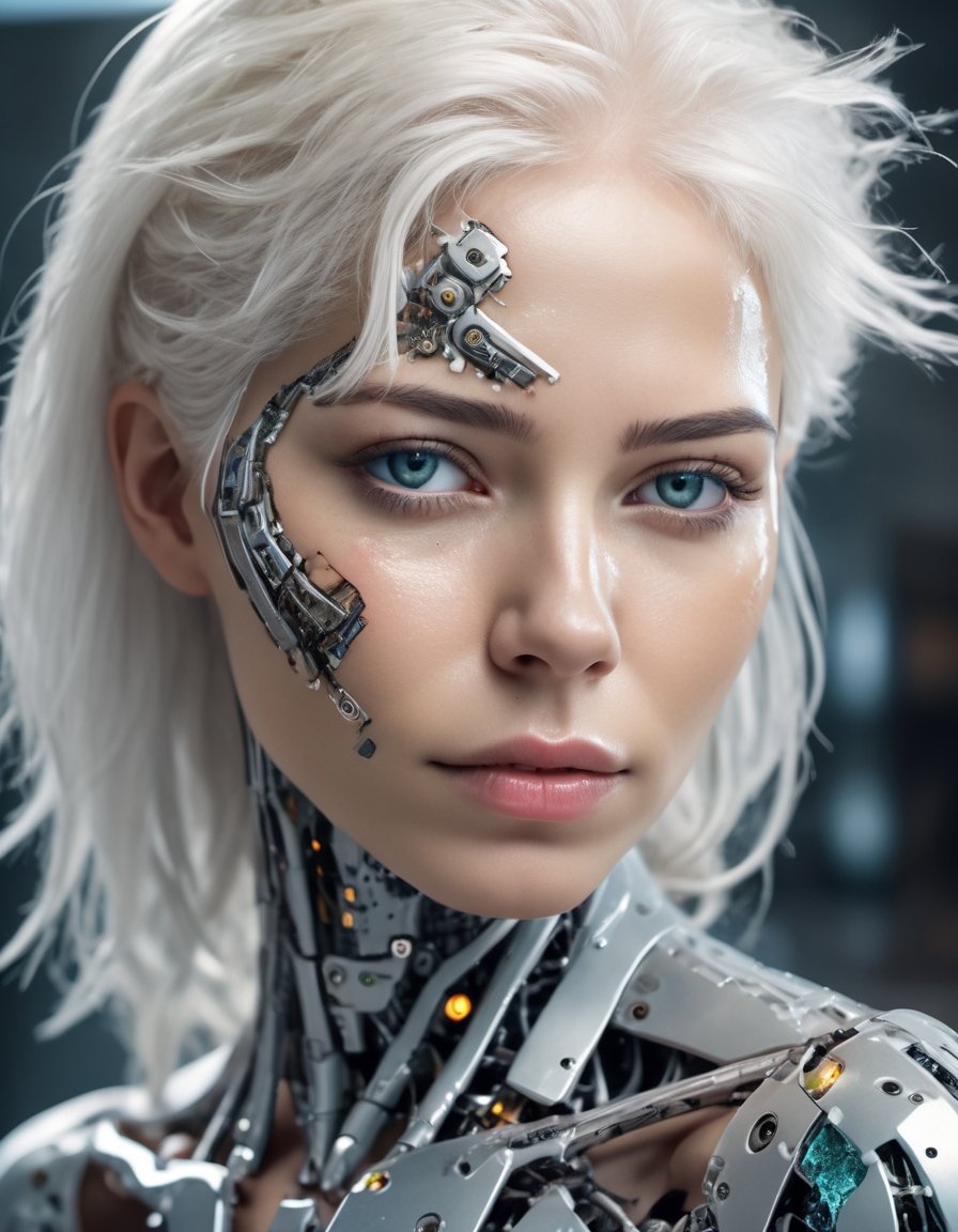 portrait of beautiful cyborg with white hair, intricate, elegant, highly detailed, 8k uhd hdr, majestic, digital photography, broken glass, soft natural lighting, detailed skin texture,