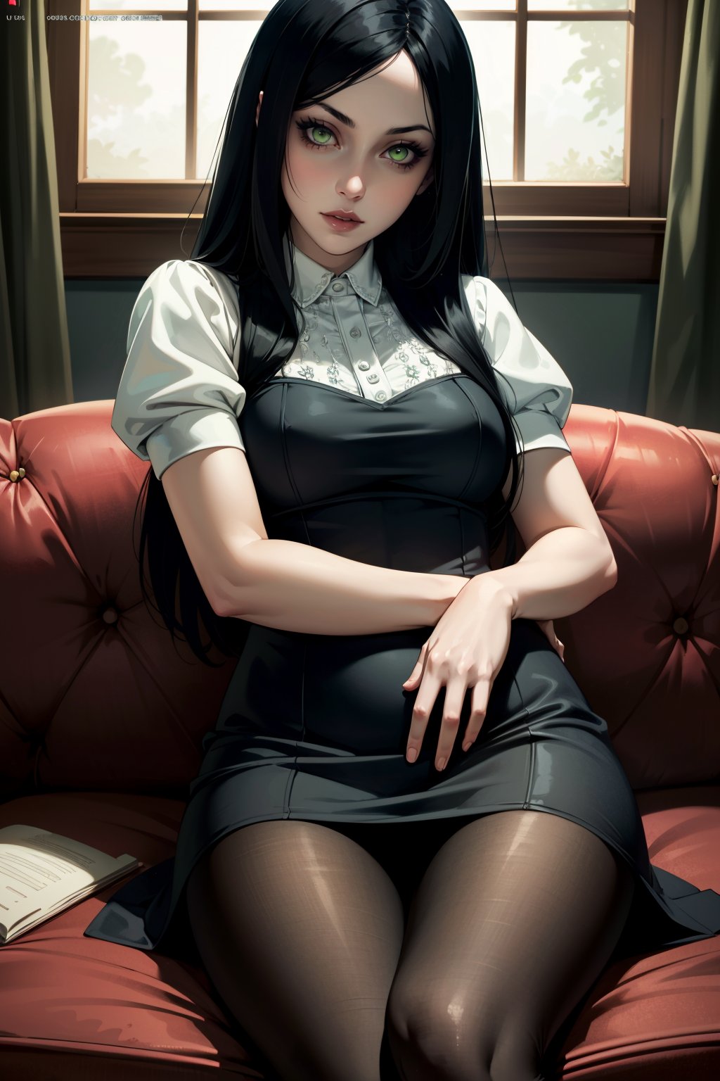 ((ultra detailed, masterpiece, best quality))<lora:AliceMadness:0.8>AliceMadness, 1girl, solo, long hair, black hair, green eyes, dress, pantyhose, magazine cover, sexy pose