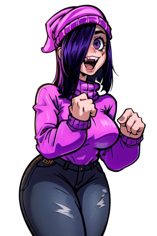 1girl, solo, breasts, smile, open mouth, simple background, hat, white background, purple eyes, purple hair, teeth, pants, hair over one eye, sweater, blood, turtleneck, thick thighs, black pants, denim, sharp teeth, jeans, blood on face, turtleneck sweater, beanie, pink headwear, pink sweater, purple sweater <lora:stephanie:0.8> full body