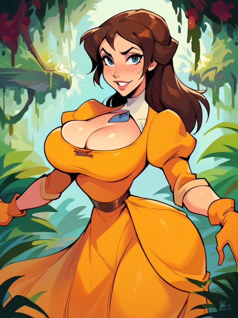 score_9, score_8_up, score_7_up, score_6_up, JanePorterXLP in a the jungle, puffy sleeves, yellow dress, gloves, cleavage, curvy, huge breasts, narrow waist, wide hips, thick thighs, looking at viewer, dynamic angle, cowboy shot, cartoon, dynamic pose, from side, naughty face, nsfw, <lora:JanePorterXLP_Character:1>