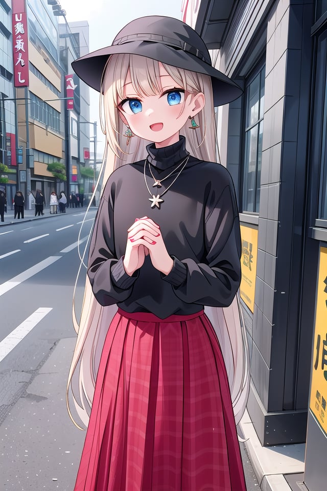 (cleavage:-1.5), insanely detailed, absurdres, ultra-highres, ultra-detailed, best quality,1girl, solo, nice hands, perfect hands,BREAK(black theme:1.4), (fit body:1.3), (tight long sleeve and turtleneck (black sweater):1.4), (black heeled boots with lace-up:1.1),BREAK(black and red theme:1.3), ((red) high-waisted ((maxi length skirt, very long A line skirt):1.2) with [plaid pattern]:1.4), ((black) bucket hat with wide brim:1.4),BREAK((earrings, necklace):1.2),(cleavage:-1.5), (naked skin:-1), (mini skirt:-1), (legs:-1), (straw hat:-1), (red hat:-1), (green hat:-1), (white sweater:-1), (slit:-1), (belt:-1), (multiple necklaces:-1), (navel:-1), (waist:-1)BREAKhappy smile, laugh, open mouth,standing,own hands together,cowboy shot,BREAKslender, kawaii, perfect symmetrical face, ultra cute girl, ultra cute face, ultra detailed eyes, ultra detailed hair, ultra cute, ultra beautiful,BREAKday, (cityscape in tokyo:1.2), ultra detailed background, blue sky, (evening:-1.5), (night:-1.5),medium breasts, blonde hair, blue eyes