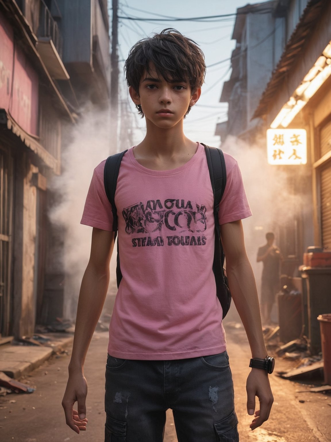 (1boy) dark and gritty, brazilian (manga ghost, 18yo) skinny twink, going to a neighborhood outdoor movie screening, (dusty rose neon lights, realistic, glow, smoke aura), trashpunk, detailed textures, high quality, high resolution, high precision, realism, color correction, proper lighting settings, harmonious composition, very dramatic lighting, sharp focus, low angle, trending on artstation, sharp focus, studio photo, intricate details, highly detailed, RAW, hyper detailed photorealistic life-like accurate proportional sharp focus, empty hands, (accurate cinematic lighting), photorealistic detail, (selective focus:0.6)