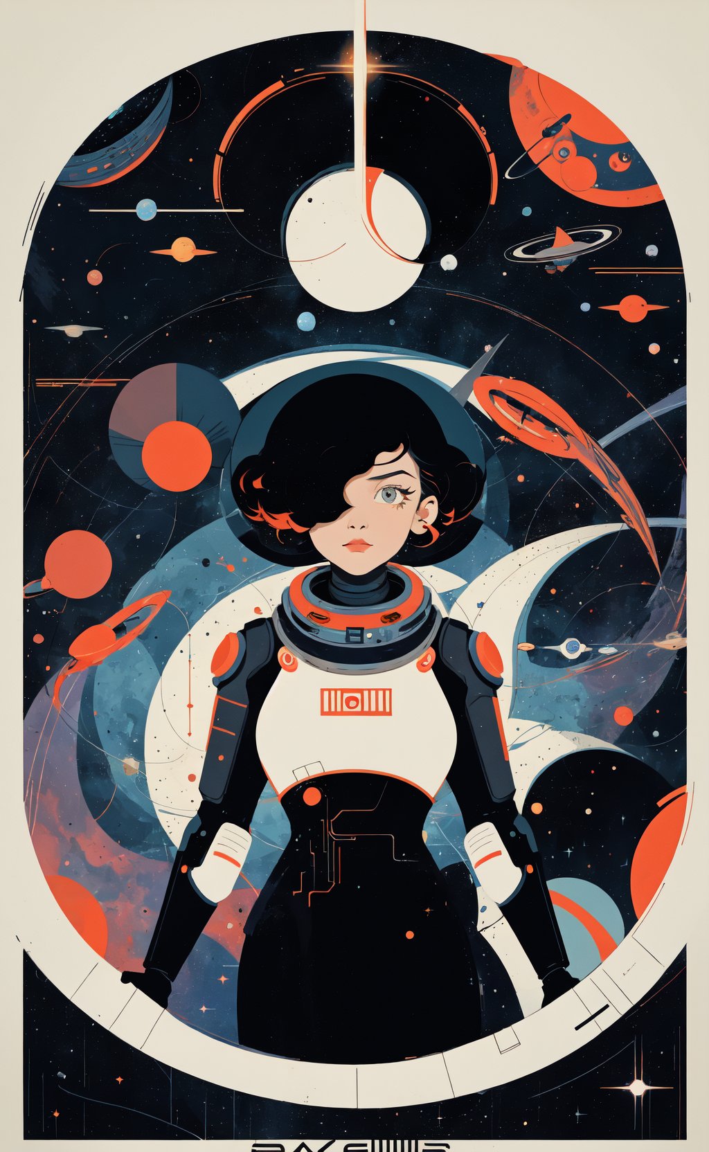 space thriller movie poster, masterpiece, best quality, 1girl, Bauhaus, shapes, lines, abstract