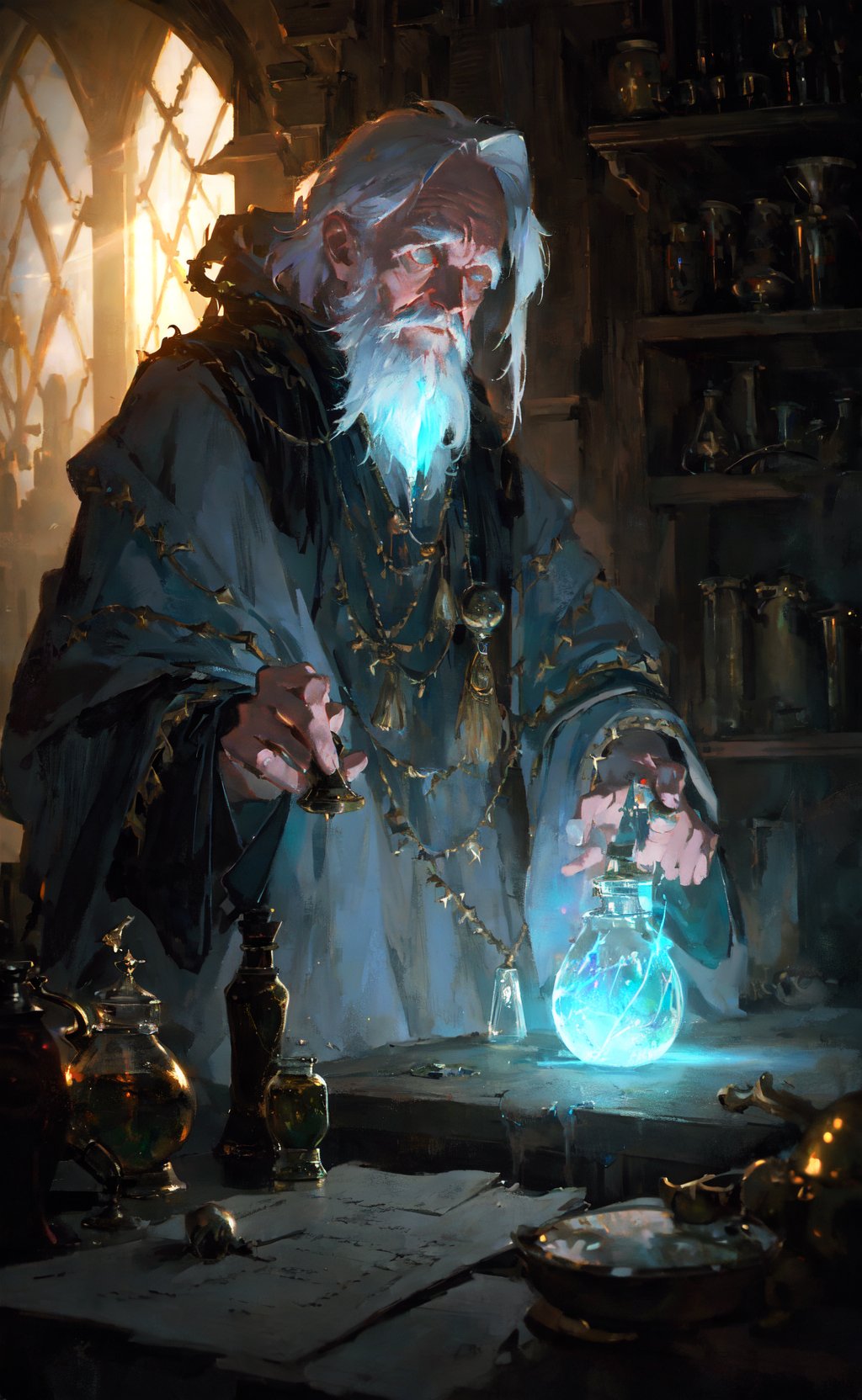 realistic, masterpiece, best quality, old wise wizard mixing potions, moody lighting, glow, glowing, mysterious, mystical, magical, rim lighting