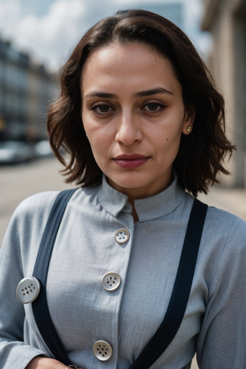 photograph, portrait, close up of a wearing Jumpsuits, Farida, Buttons, Bauhaus Art, Fujifilm XT3, 50mm, close-up, photorealism