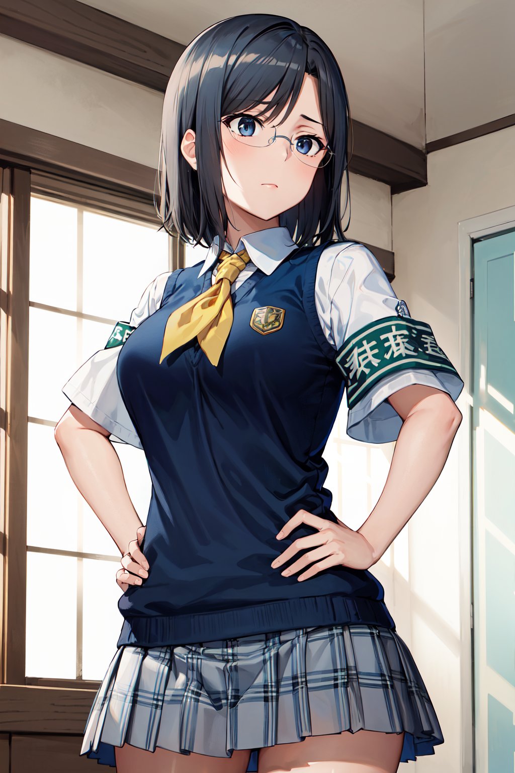 masterpiece, best quality, highres, aamii, short hair, black hair, blue eyes, glasses, school uniform, yellow neckerchief, collared shirt, sweater vest, (blue vest:1.2), short sleeves, armband, plaid skirt, grey skirt, <lora:konori_mii_v1:0.7>, indoors, serious, hand on hip, standing