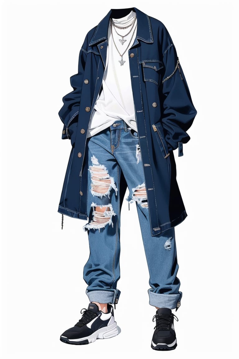 ClothingDesign, pants, solo, white background, simple background, denim, hands in pockets, shoes, jewelry, jacket, full body, male focus, necklace, shirt, white shirt, jeans, standing, torn pants, sneakers, torn clothes, black pants, coat, <lora:20240601-1717209436687:0.8>