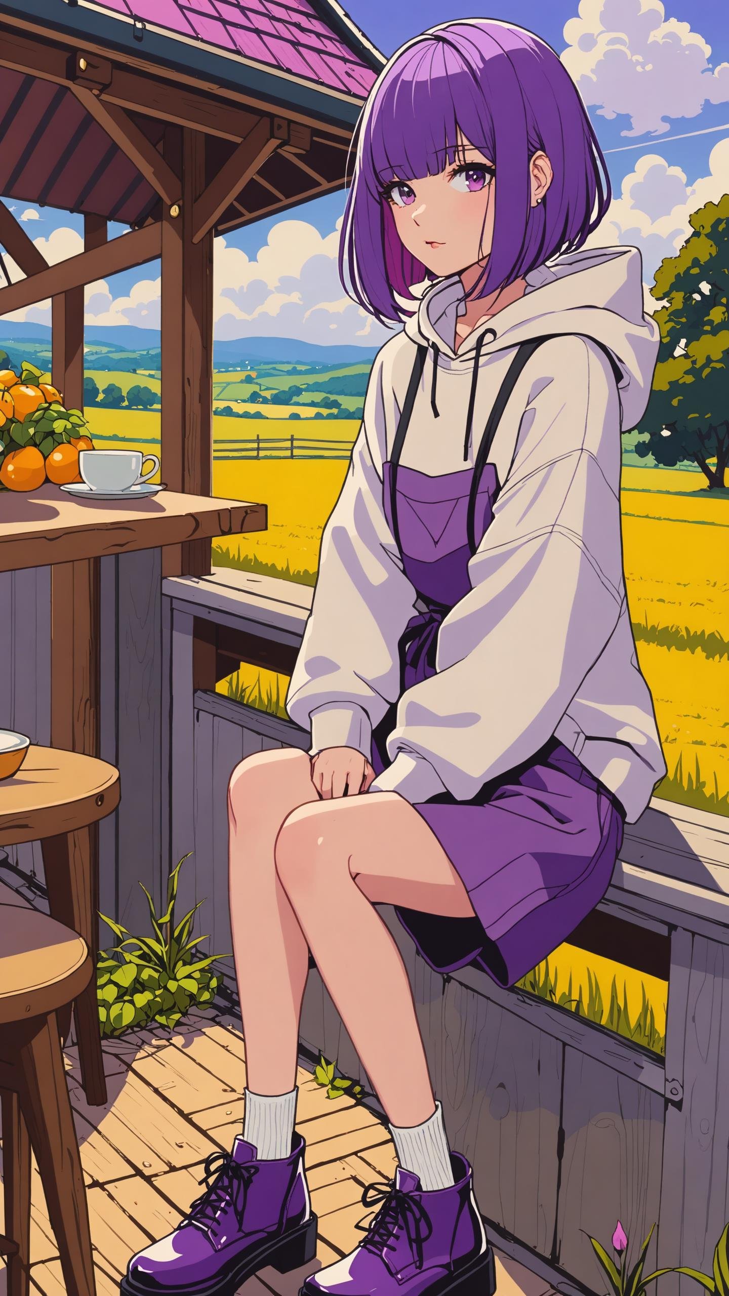 1girl, purple hair, very short hair,  half updo hair,  bangs,   hooded sweatshirt waist apron loafers,  decadent countryside daytime, close to viewer