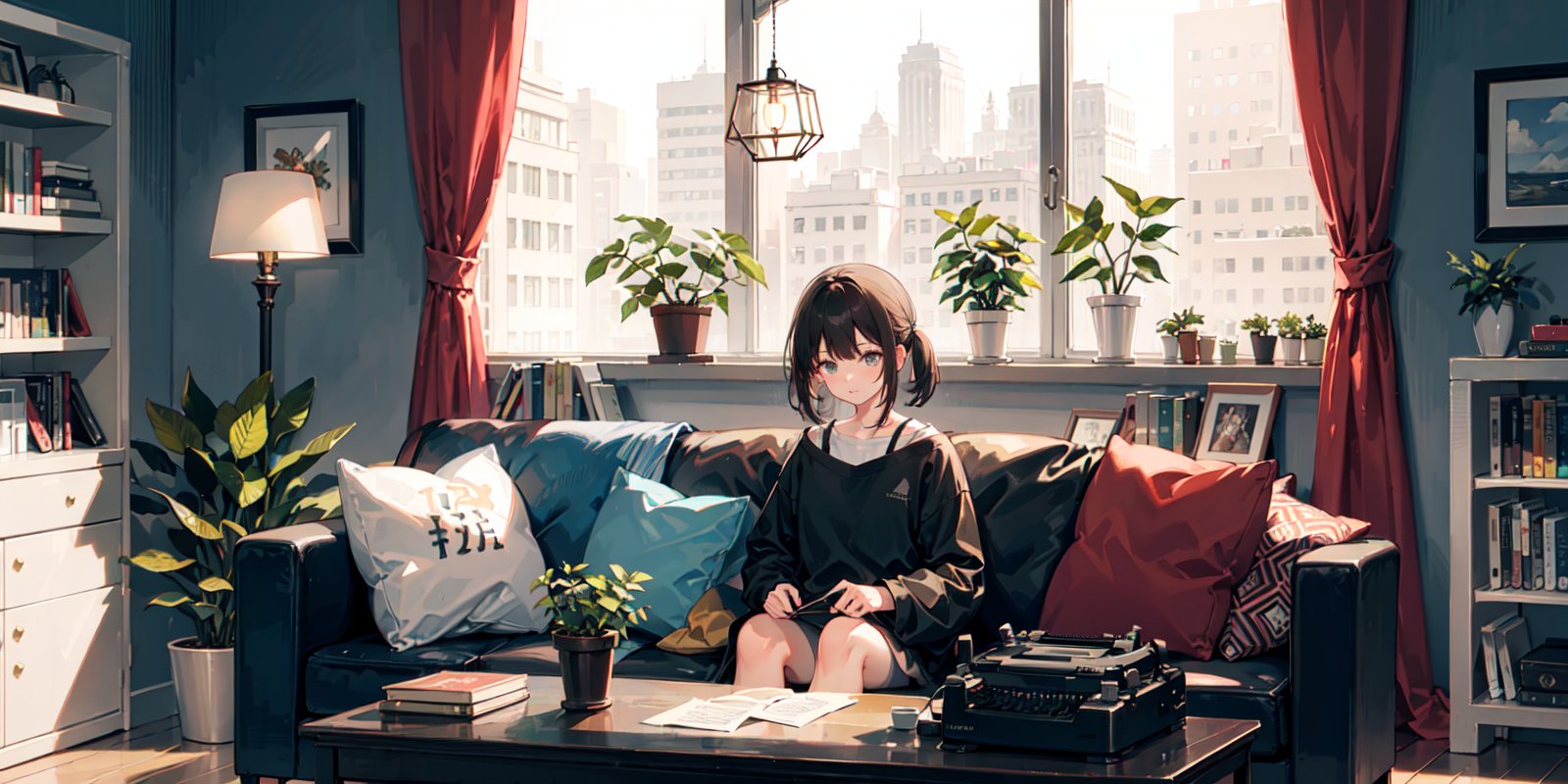 living room, couch, window, curtains, dappled sunlight, potted plant, table, cabinet,bookshelf, paper, desk lamp, typewriter, garden