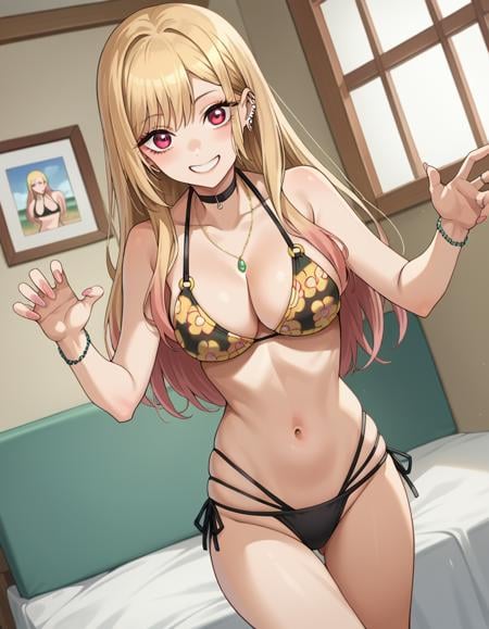 score_9, score_8_up, score_7_up, source_anime, marinkitagawa, <lora:marin-kitagawa-ponyxl-lora-nochekaiser:1>, marin kitagawa, long hair, bangs, blonde hair, red eyes, multicolored hair, smile,navel, cleavage, jewelry, swimsuit, bikini, earrings, choker, necklace, black bikini, side-tie bikini bottom, halterneck, black choker, piercing, floral print, ear piercing, string bikini, print bikini, multi-strapped bikini, barbell piercing, industrial piercing,indoors, bed,looking at viewer, cowboy shot, dutch angle, dynamic pose,