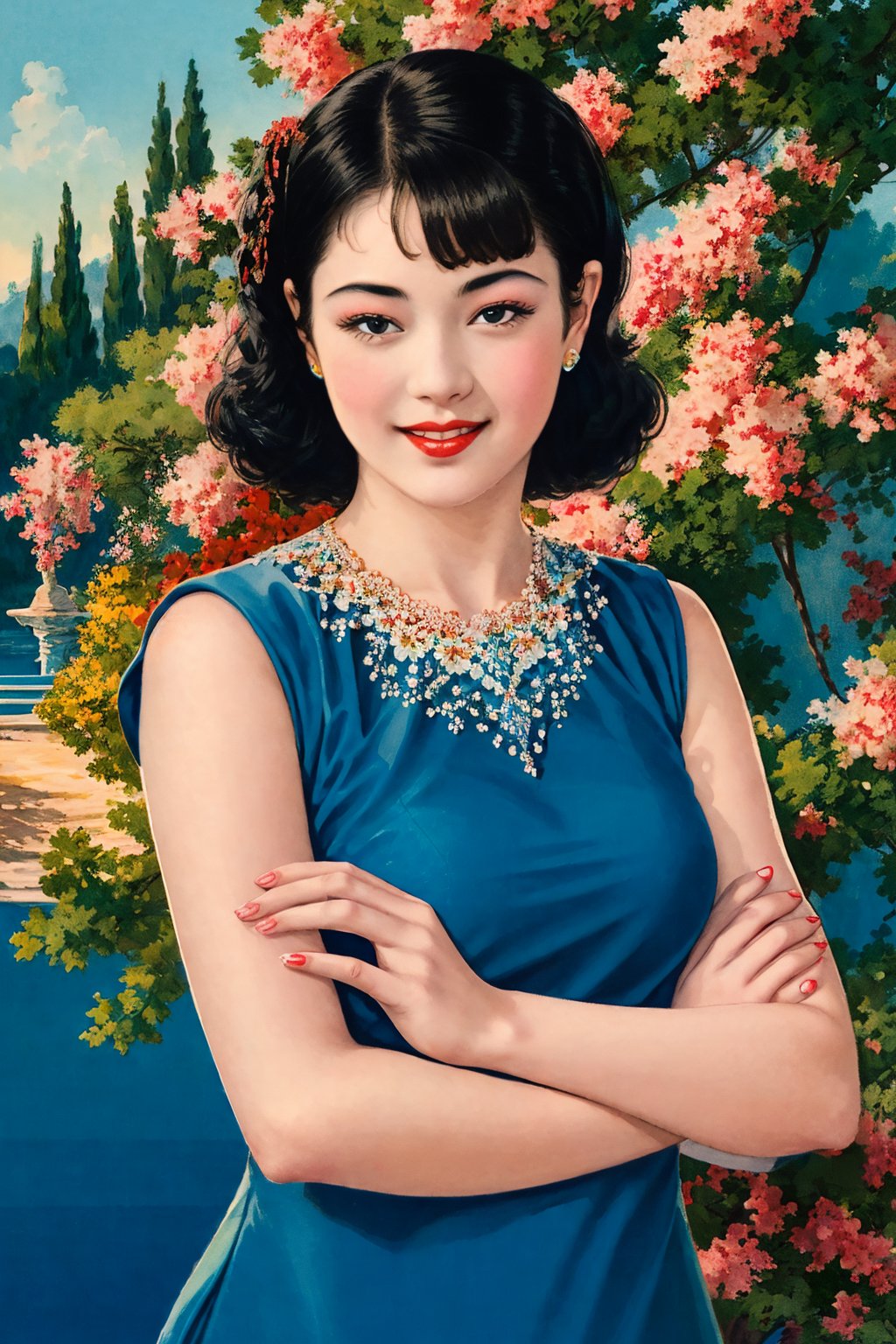 Masterpiece,best quality,(Highest picture quality),1girl,Smiling,Tree,Flowers,Look at the audience,Portrait,The sun and #x27,s,(Blue background),(Master and #x27,),(ultra-detailed),{top quality}