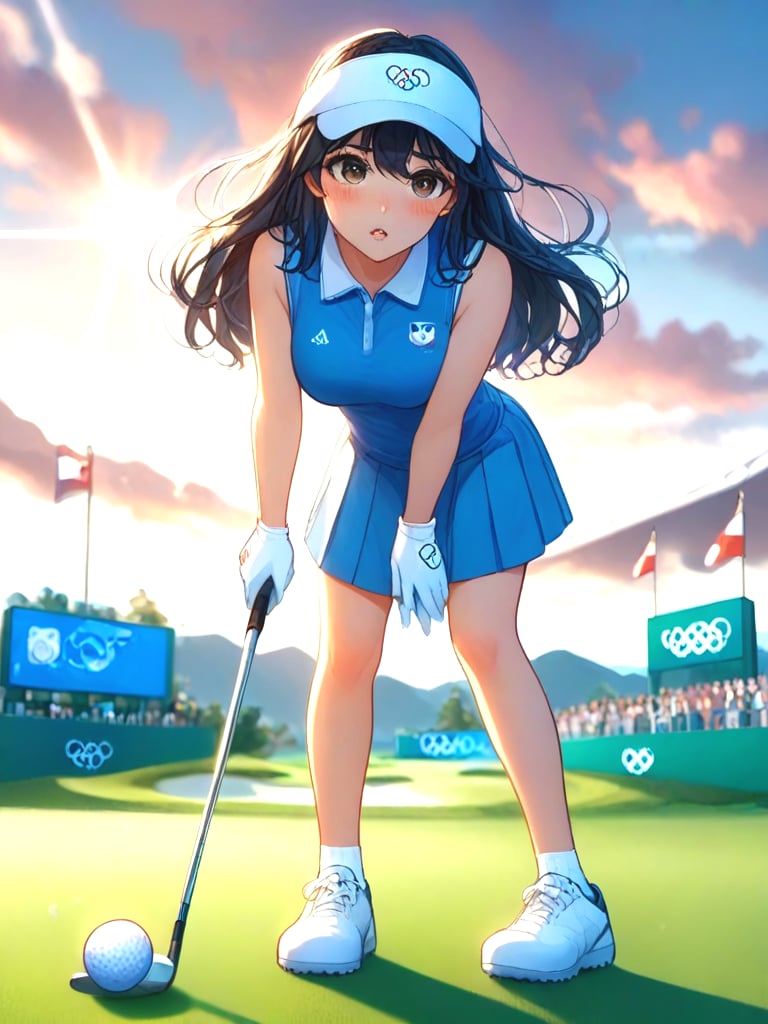 source_anime, playing golf, golf course, holding golf club, golf ball, full body, 1girl, leaning forward, olympic rings, visor cap, polo shirt, sleeveless, skirt, gloves, shy, blush, parted lips, big tits, outdoors, flagpole, sunset, gradient sky, <lora:girllikeplayinggolf_pony:1>