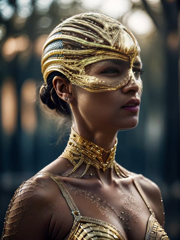 fantacyLightArt,1girl,solo,green eyes,realistic,lips,dark skin,collarbone,jewelry,upper body,earrings,dark-skinned female,breasts,blurry,mask,helmet,closed mouth,<lora:SD1.5_fantacyLightArt:0.7>,